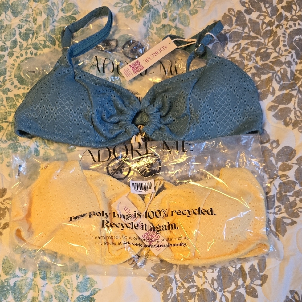 Adore Me Teal and Cream Lace Bralette Set